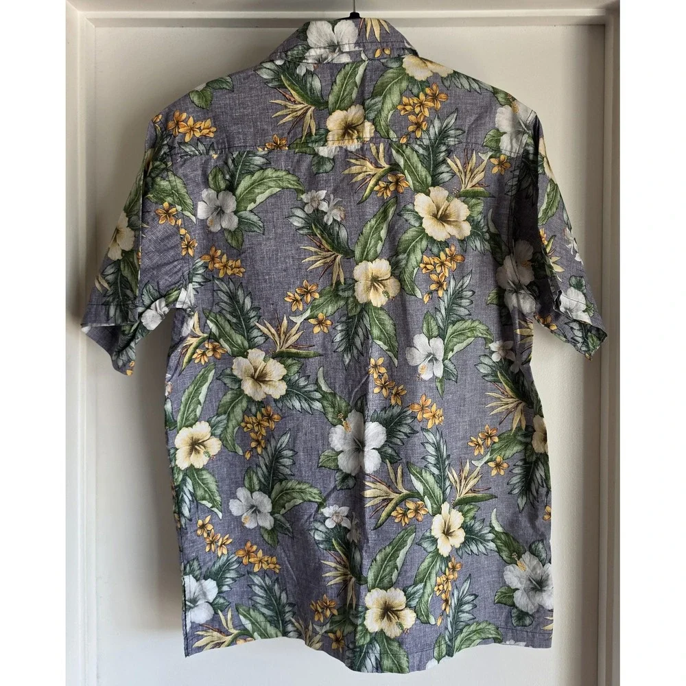 Go Barefoot Men M Floral Cotton Shirt Short Sleeve Collared Grey Green